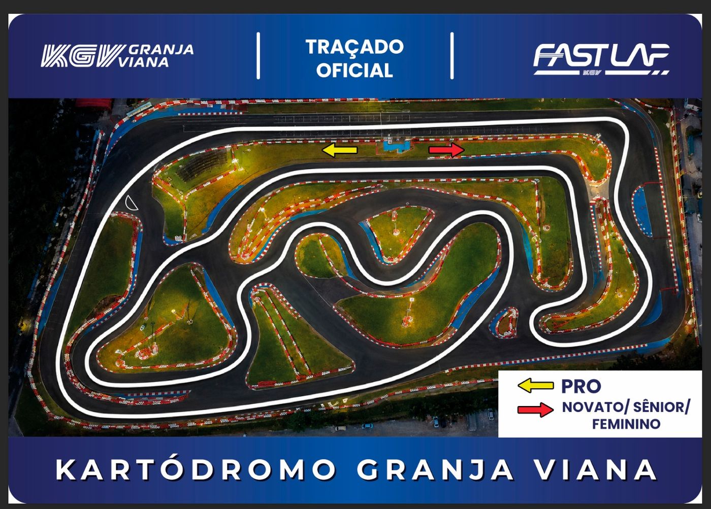 Traçado oficial do Festival KGV Fast Lap no Kartódromo Granja Viana, com o sentido da Pró e das demais categorias